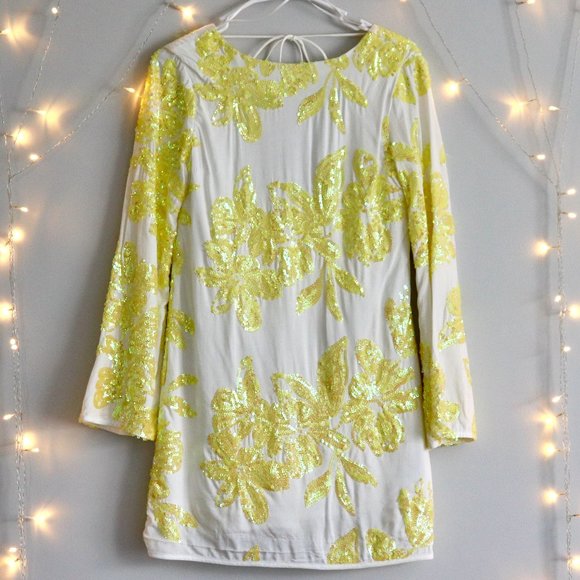 Gorgeous Yellow Sequin Bell Sleeve Backless Dress - Picture 1 of 7